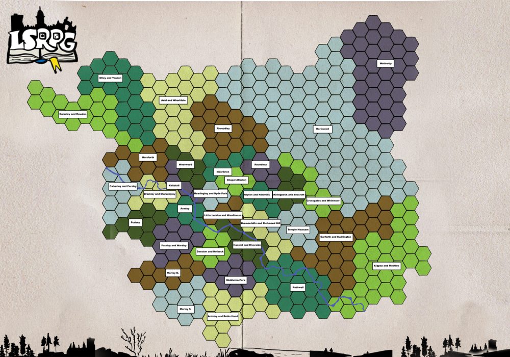 A graphic map of Leeds, made up of hexagonal shapes. An "LSRGP" logo is presented in the top left corner, with the black outline of a cityscape along the bottom border.