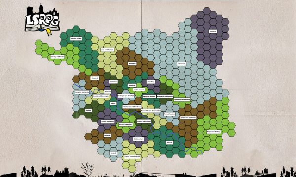 A graphic map of Leeds, made up of hexagonal shapes. An "LSRGP" logo is presented in the top left corner, with the black outline of a cityscape along the bottom border.